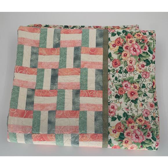 Handmade Quilted Throw Blanket Cotton Peach Color Floral Rail Fence Weave Design - Picture 2 of 14